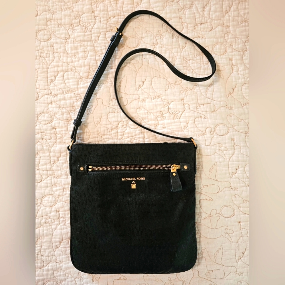 Michael Kors North South Black Jacquard Logo Flat Crossbody